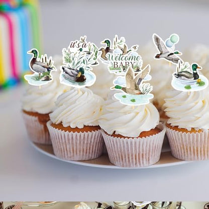 Assorted patterns of mallard duck party cupcake decorations