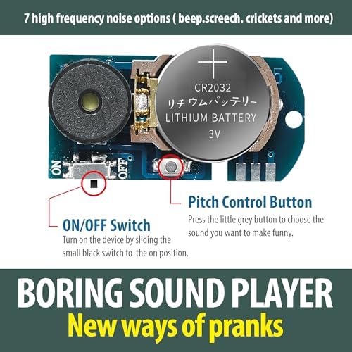 Chilpals electronic prank device with CR2032 battery slot and sound selection button visible.