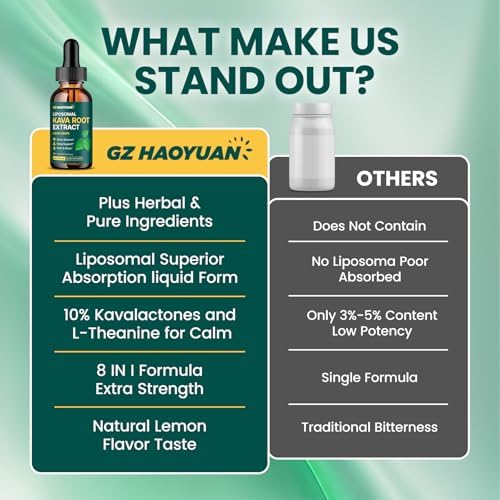 Premium liposomal kava drops with GABA and ashwagandha ingredient list.