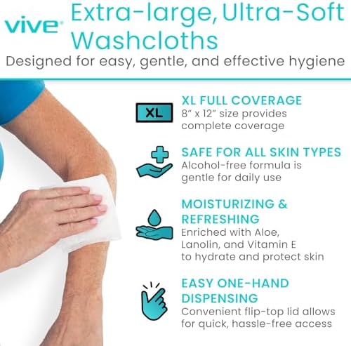 Vive adult wet wipes for elderly packaging showing 8 by 12 inches size