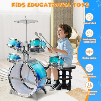 Complete toddler five piece drum kit with foot pedal and stool