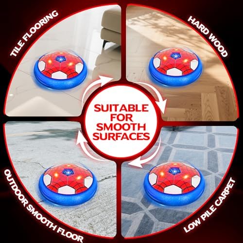 Complete product contents listing showing the hover puck, inflatable ball, manual pump, and dual charging accessories.