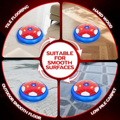 Complete product contents listing showing the hover puck, inflatable ball, manual pump, and dual charging accessories.