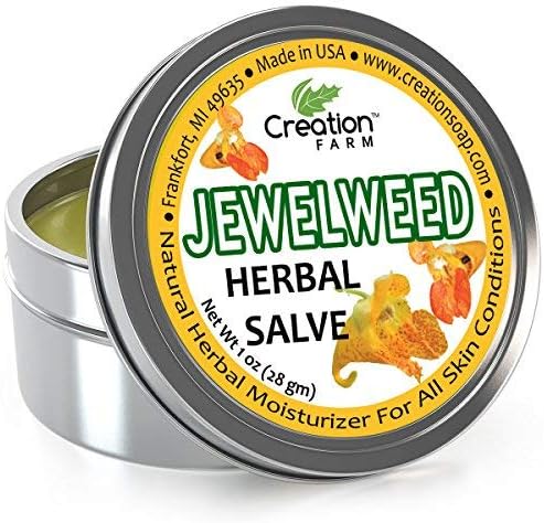 Creation Pharm Jewelweed Salve four ounce tin front view authentic USA imported herbal ointment for skin rash relief