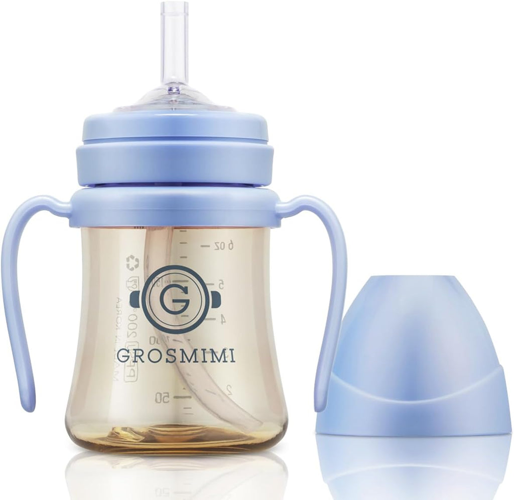 Grosmimi Magic Straw Cup front view showing the sky blue handle and lid