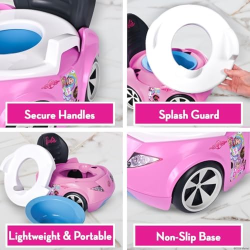 Side view of Barbie pink car design potty training chair