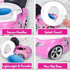 Side view of Barbie pink car design potty training chair