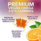 Close up view of orange flavored vegan omega 3 6 9 chewable gummies