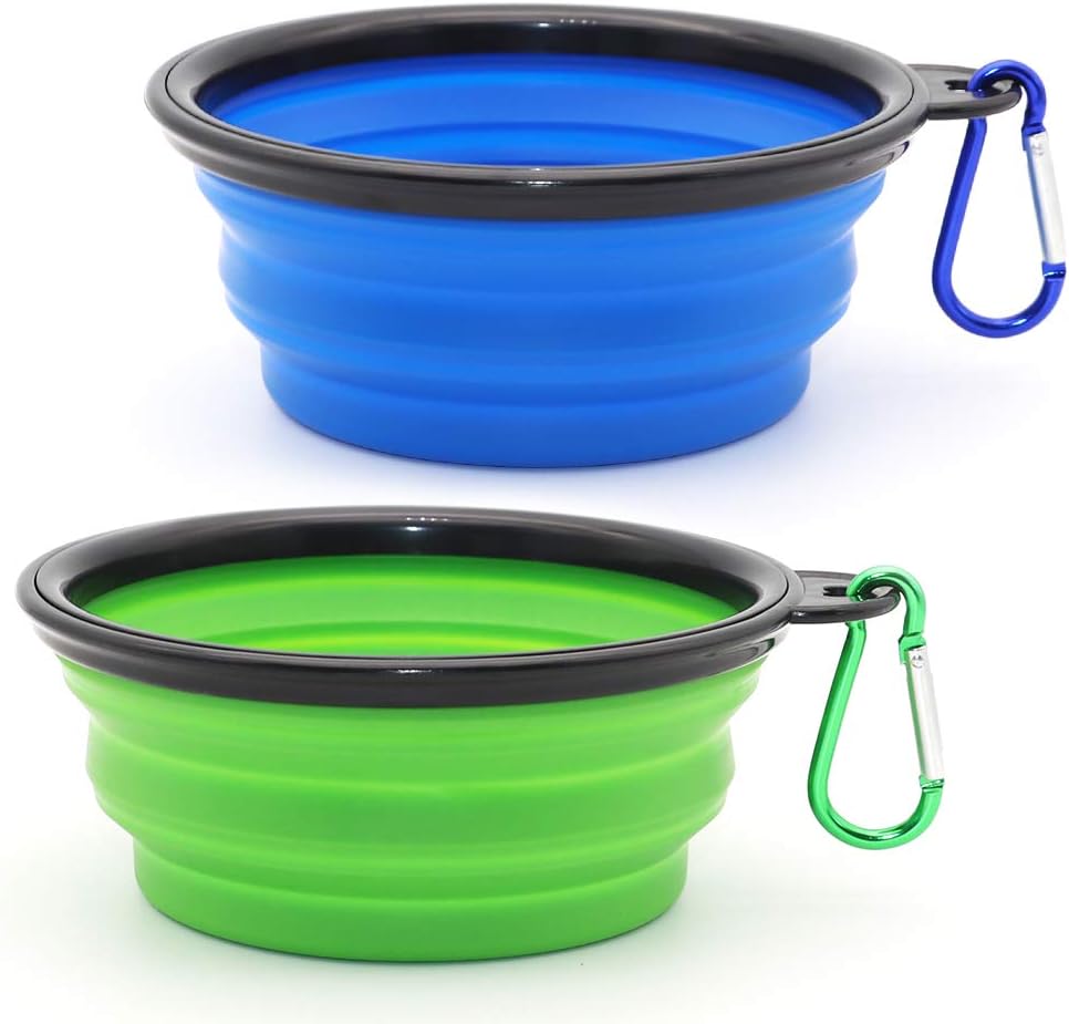 SLSON Silicone Collapsible Dog Bowl front view showing blue and green travel dishes expanded