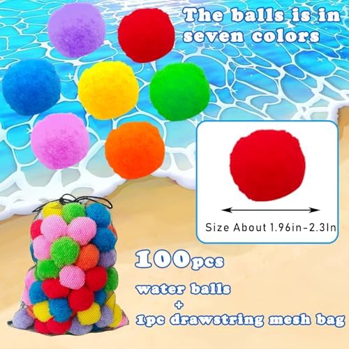 Assorted vibrant colored soft water balls arranged next to the included mesh storage bag.