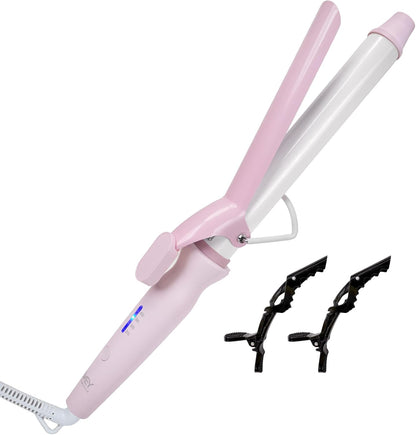 Conair SVEY double ceramic extra long barrel one inch curling iron front view showcasing the pink barrel and black clamp