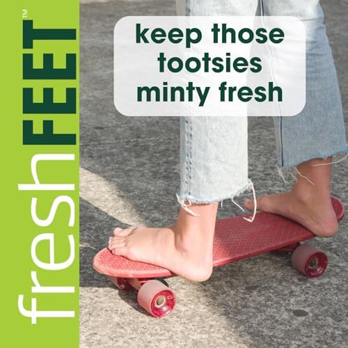 Ingredients label of Fresh Feet spray showing tea tree and eucalyptus oils.