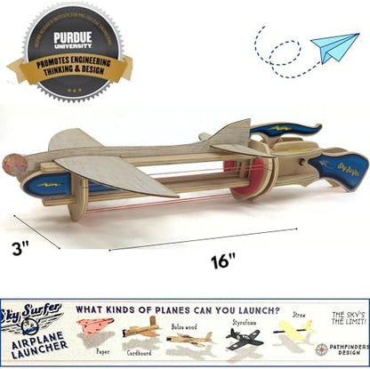 Side profile of the durable wooden paper airplane launcher detailing the adjustable propulsion thruster slots.