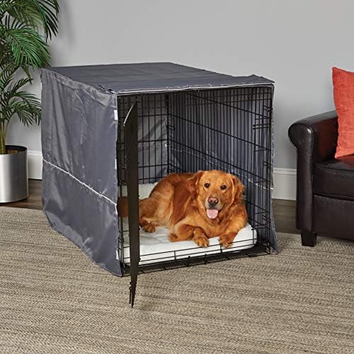 Machine washable dog kennel cover with side door flaps rolled up for ventilation