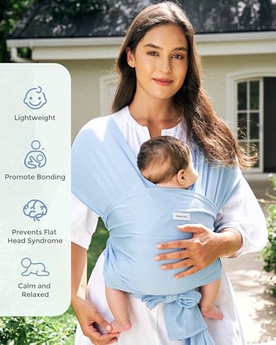 Momcozy water sling carrier showing ergonomic hip support