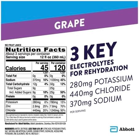 Pedialyte oral electrolyte solution back label showing nutritional values and premium ingredients