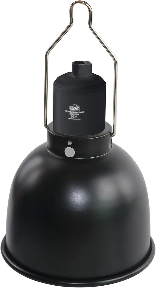 Lucky Herp Aluminum Shallow Dome Reptile Light Fixture front view showing polished aluminum reflector hood.