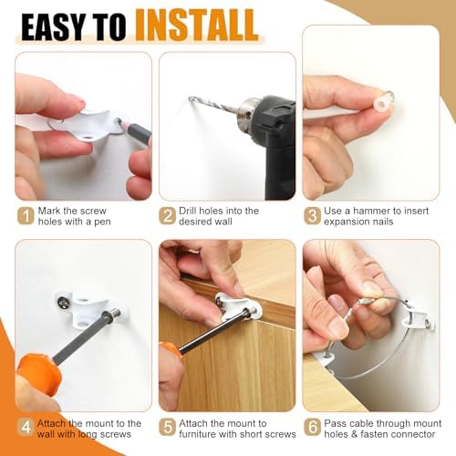 Step by step installation diagram of child safety wall anchors for bookshelf protection
