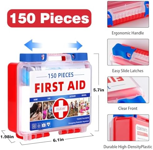 TLIEAO 150 piece emergency medical kit items spread out for travel and camping.