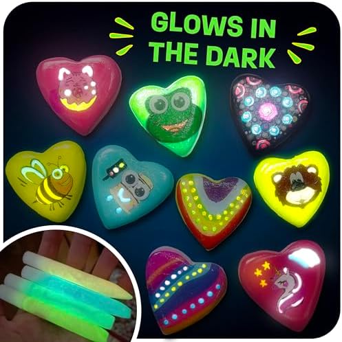 Vibrant standard acrylic paints and luminous puffy paint tubes for glowing stone designs.