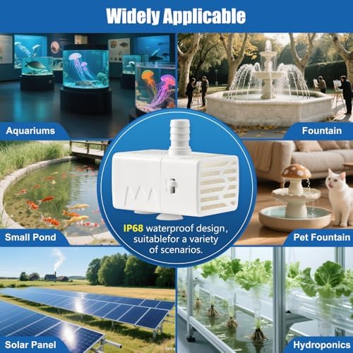 Novique portable fountain pump packaged box showing the technical parameters and IPX8 waterproof rating logo.