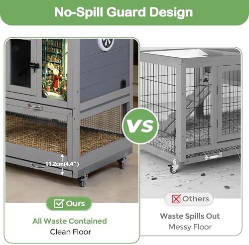 COZIWOW Rabbit Hutch Indoor Outdoor with No-Spill Design, 2 Wire Floors & Removable Trays, 2-Story Large Wooden Bunny Cage on Wheels, Chewproof Ramp for Multiple Small Animals, Gray - Image 5