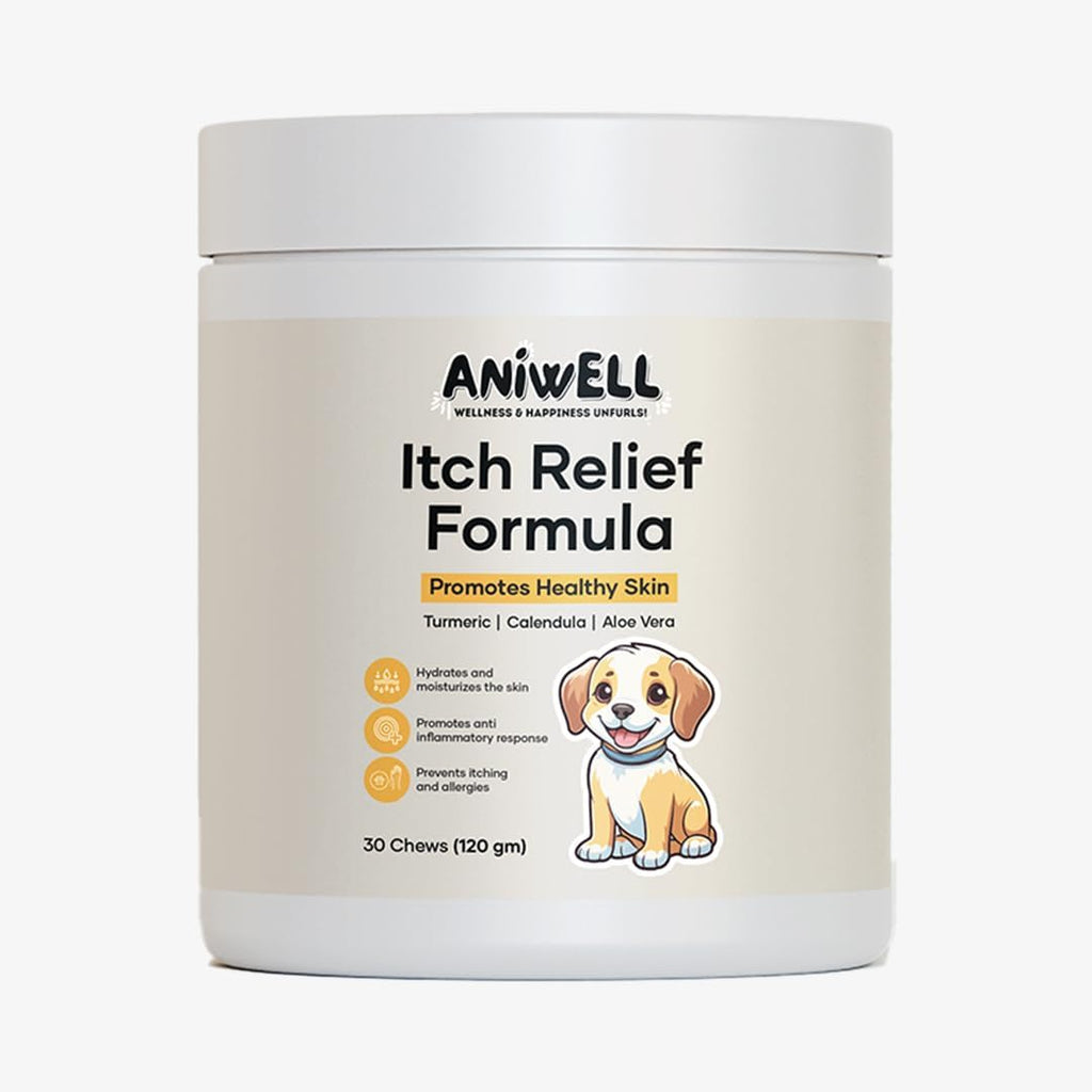 Aniwell Itch Relief Chews for Dogs front packaging showing salmon flavor soft chews for canine allergy care.