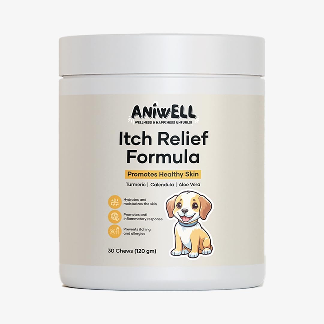 Aniwell Itch Relief Chews for Dogs front packaging showing salmon flavor soft chews for canine allergy care.