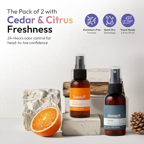 Travel size SweatyB citrus and cedar deodorant bottles for odor protection.