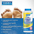 Six point odor fighting formula foot powder bottle for daily use.