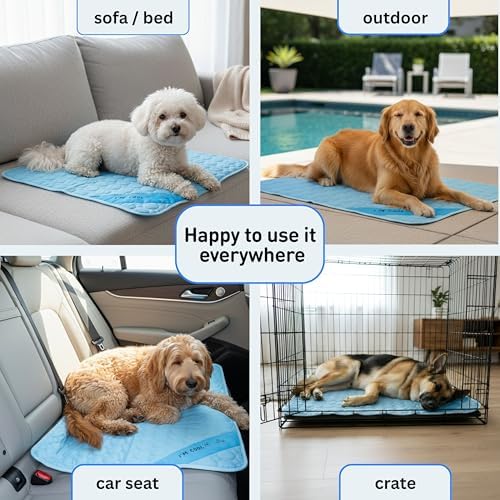 Inspector Tail dog cooling mat packed inside its matching blue drawstring travel bag