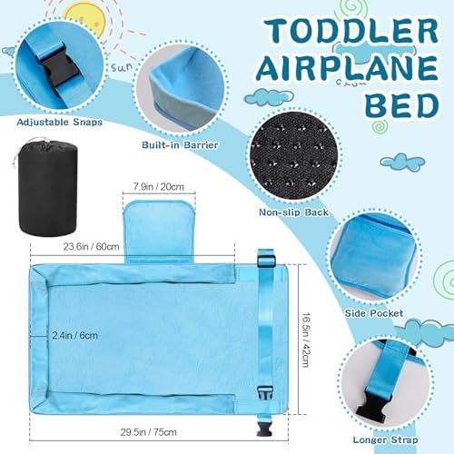 Omzer Airplane Seat Extender for Kids installed between economy seats showcasing the secure flat hammock design.