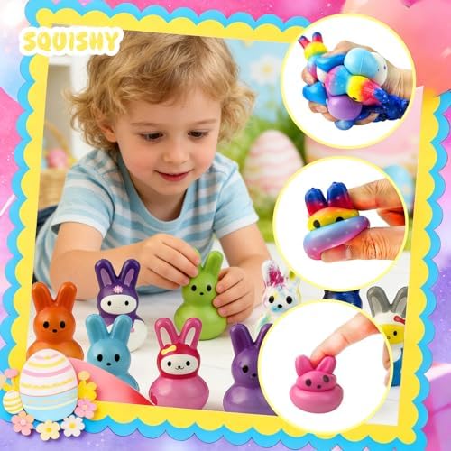 Assorted miniature rabbit party favors arranged as classroom reward prizes.