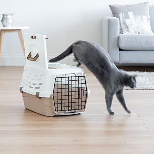 IRIS USA premium plastic dog carrier highlighting the secure locking mechanism on the front gate.