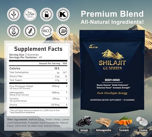 Nutritional facts and certification details on the reverse side of DLNIA shilajit pouch