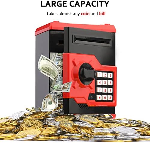 Vcertcpl mini ATM coin bank with the secure door open demonstrating the large internal storage capacity.