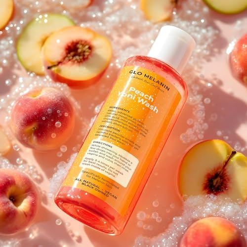 Bottle of Glo Melanin feminine wash with aloe vera for pH balance.