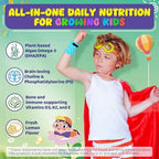 Back label of LILICARE kids omega 3 algae gummies showing nutritional facts including DHA and EPA levels.