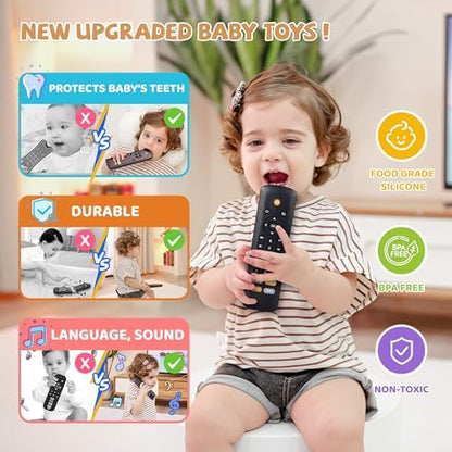 Toddler remote control toy with English Spanish and French speech settings