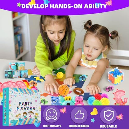 Variety of colourful fidget keychains and sensory rings in a box