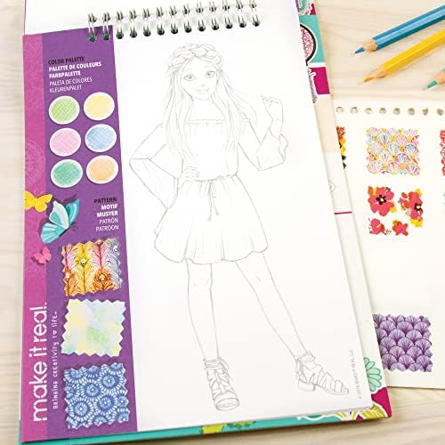 Back cover of the Make It Real Fashion Design Sketchbook illustrating the full product contents and sample designs.