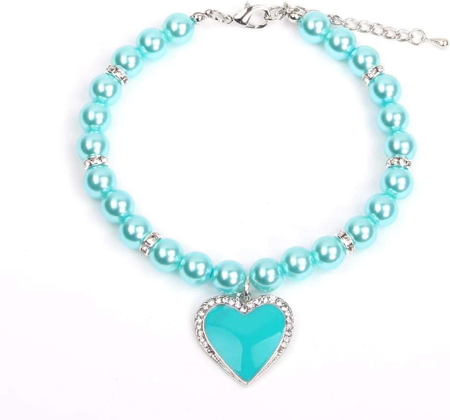 Dog Cat Pearls Necklace Collar with Rhinestones Heart Charm Pendant Pet Puppy Jewelry (Small, Pink) - Image 9