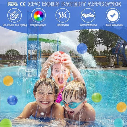 The six piece quick fill water balloon set arranged neatly next to its included mesh storage bag.