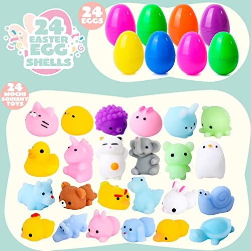Assorted kawaii mochi squishy toys arranged neatly outside open transparent pink and yellow plastic eggs.