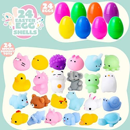 Assorted kawaii mochi squishy toys arranged neatly outside open transparent pink and yellow plastic eggs.