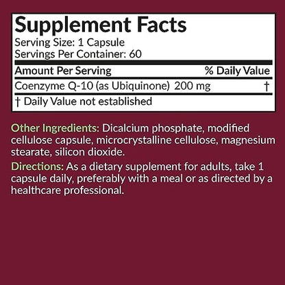 Side view of Futurebiotics cardiovascular health CoQ10 supplement bottle outlining usage instructions