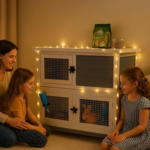 2 Story Solid Wood Rabbit/Bunny Hutch with 2 Large Main Rooms, Indoor Outdoor Rabbit House Guinea Pig Cage Pet House for Small Animals with Ventilation Door Removable Tray Waterproof Roof (Grey) - Image 3