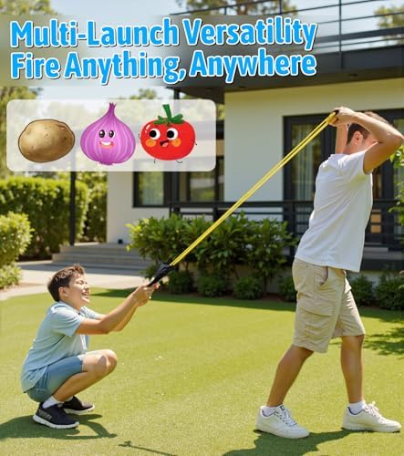 Three person water balloon slingshot being pulled back by adults for long range backyard games