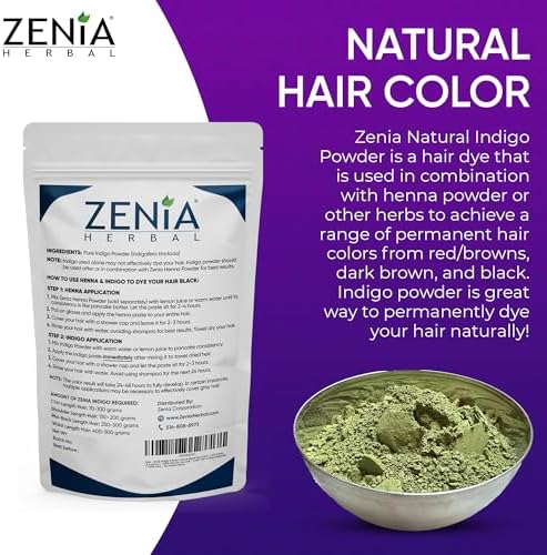 Back view of Zenia indigo powder container with instructions