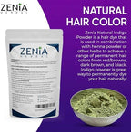 Back view of Zenia indigo powder container with instructions